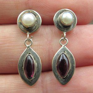 ***SALE - Sterling Tarnished Garnet & Pearl Inlay Earrings